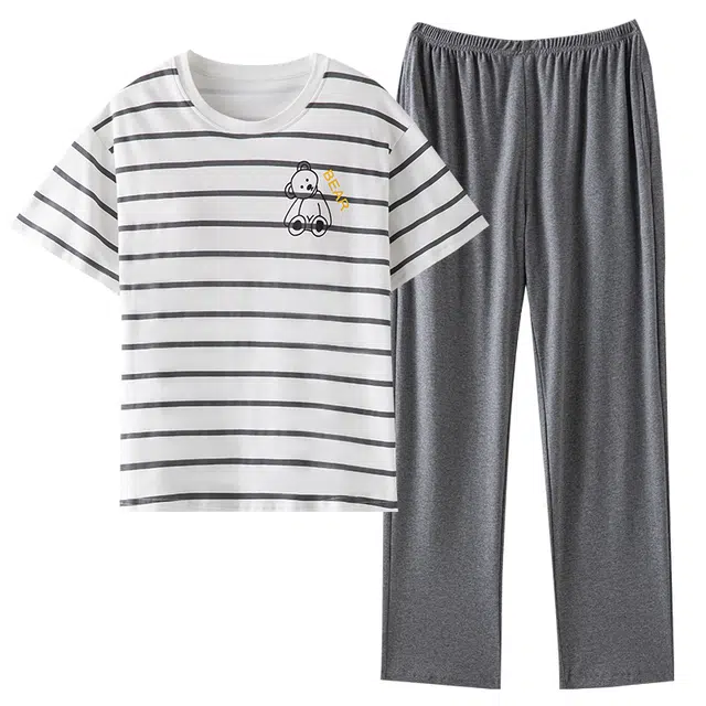 梦特娇 吸湿排汗柔软舒适亲肤透气带胸垫短袖长裤睡衣套装 女款 灰色