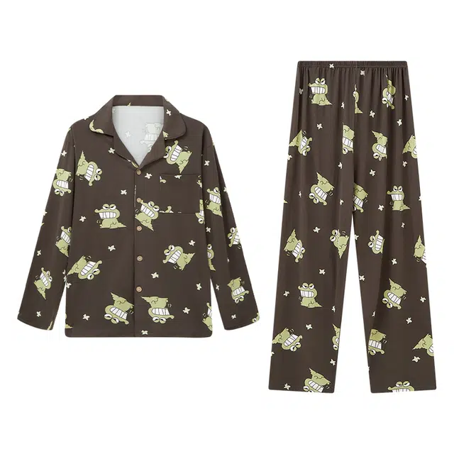 眠趣 创意卡通可爱简约休闲随性 长袖长裤开衫翻领 家居服 高级时尚韩版宽松大码 学生宿舍居家 可外穿 睡衣套装  男款 黑色