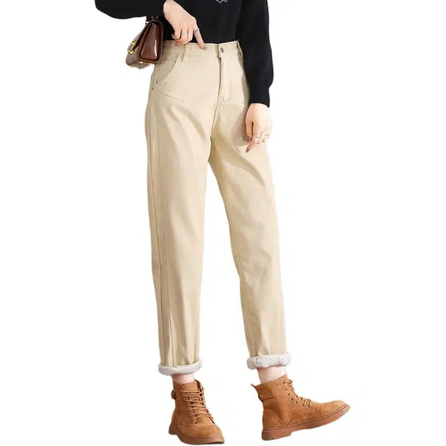 惟熙 加绒加厚纯色舒适通勤百搭牛仔裤 女款 杏色