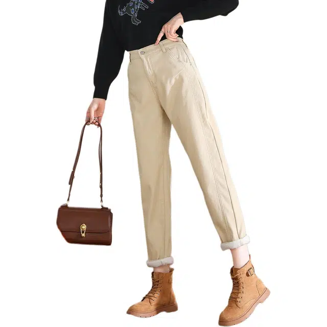 惟熙 加绒加厚纯色舒适通勤百搭牛仔裤 女款 杏色