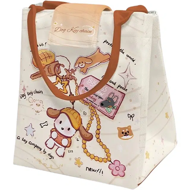 奥松 家用家居宿舍上班族通勤带饭餐包保温袋便当包 帆布 帆布包手提包 大号 男女同款情侣款 小狗钥匙串