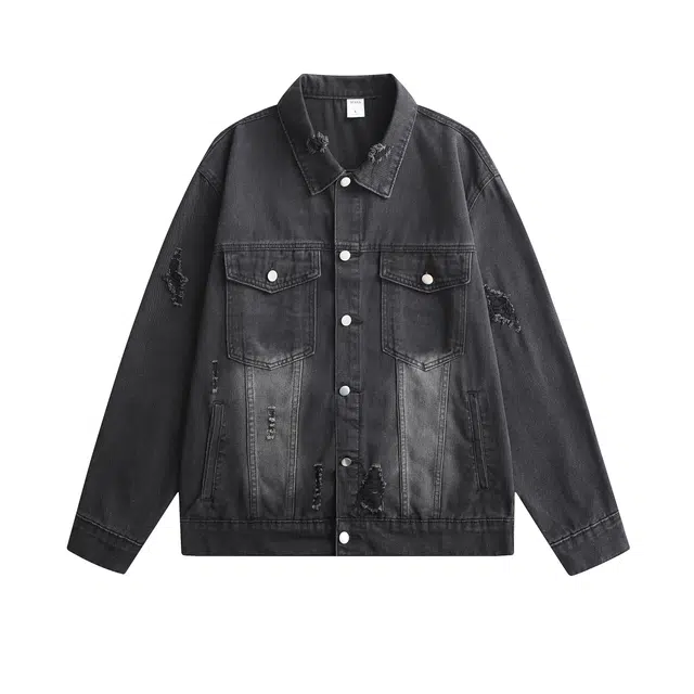 美式复古水洗做旧磨破潮流百搭翻领工装牛仔外套 男女同款