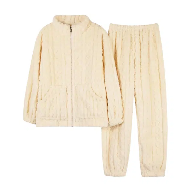 橡柠派 设计感时尚家居服长袖舒适简约长裤睡衣套装 女款 米白色