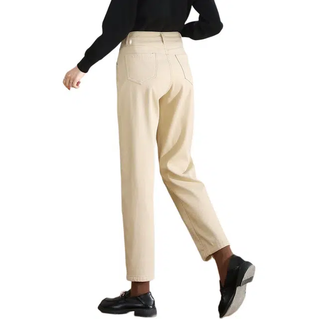 惟熙 加绒加厚纯色舒适通勤百搭牛仔裤 女款 杏色