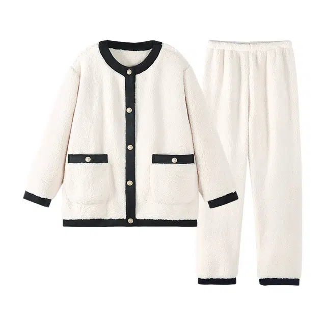 橡柠派 时尚保暖透气长袖长裤睡衣套装 女款 白色