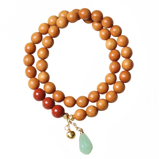 仙友 国潮新中式檀木 双圈 搭配玉兰花吊坠 念珠文玩转运佛 芭比檀香 木作手串 男女同款情侣款