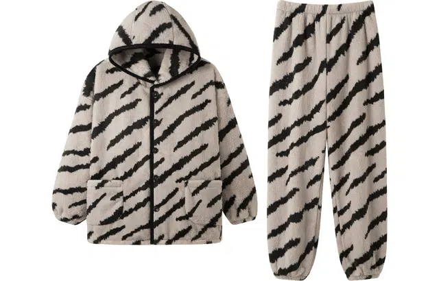 宫蝶 慵懒感珊瑚绒加厚家居服连帽休闲可外穿宽松睡衣套装 男女同款 咖色