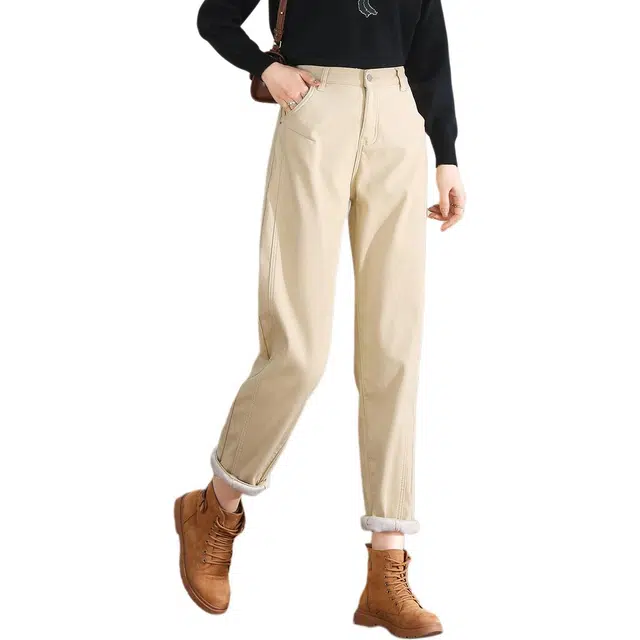 惟熙 加绒加厚纯色舒适通勤百搭牛仔裤 女款 杏色