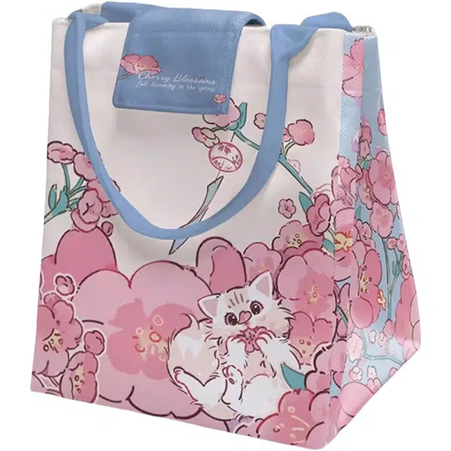 奥松 便当日包式保温饭盒带饭野餐高颜值 绒面科技布 手提包 女款 樱雨