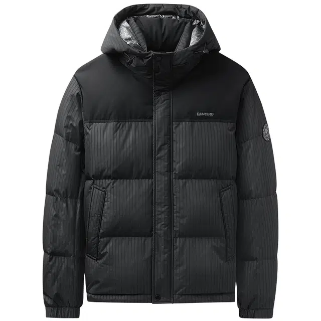 与狼共舞 石墨烯科技保暖时尚条纹外套鹅绒内胆连帽羽绒服 男款 黑色