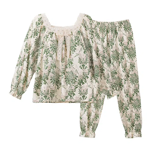 欧诗帛 带胸垫长袖长裤可外穿睡衣套装 女款 绿色