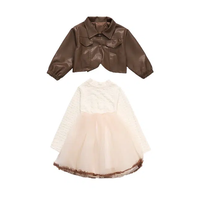 青少年 木木兔 简约舒适长袖上衣百搭网纱连衣裙裙装套装 咖啡色