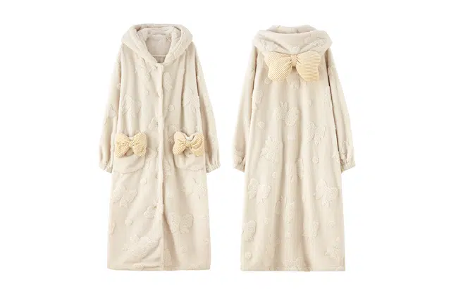 热妒 简约舒适加绒加厚珊瑚绒可爱蝴蝶结连帽长款可外穿睡袍 女款 米白色
