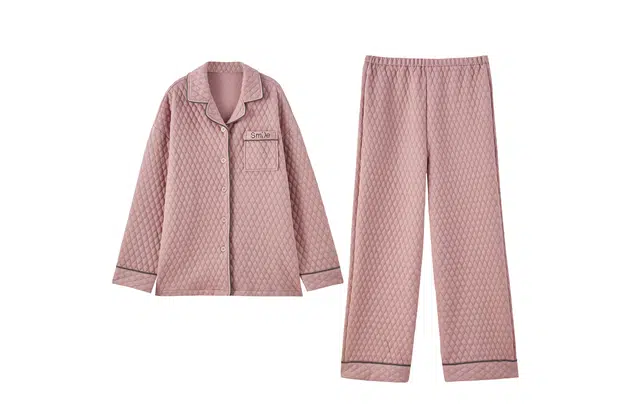 俏薇妮 纯色简约舒适夹层夹棉加厚蓄温保暖翻领长袖上衣可外穿家居服长裤睡衣套装 女款 粉色