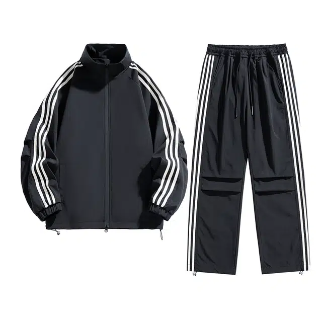 八哥 美式高街多巴胺配色通勤百搭拼色宽松垂感裤立领条纹开衫长袖夹克外套长裤休闲运动套装 男女同款