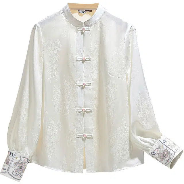 她池 新中式立领宽松盘扣长袖衬衫 女款 白色