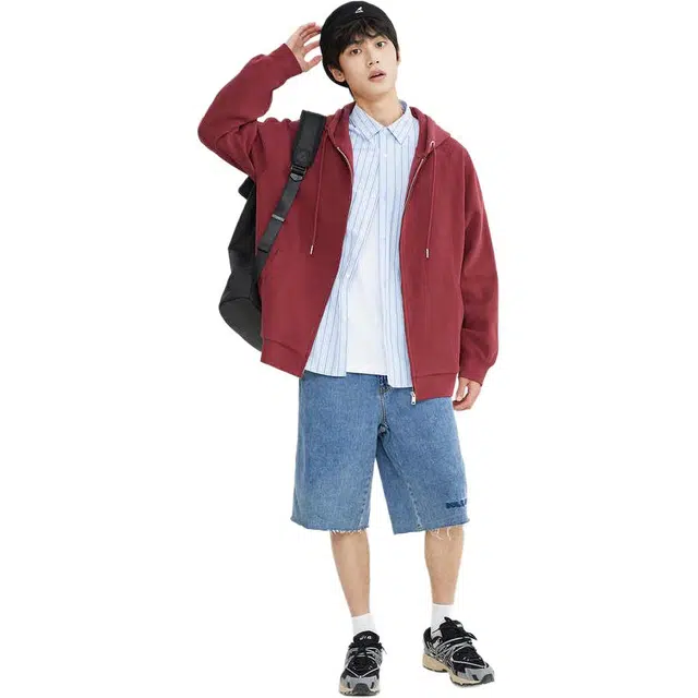美特斯邦威 后背字母连帽拉链落肩宽松卫衣 男款
