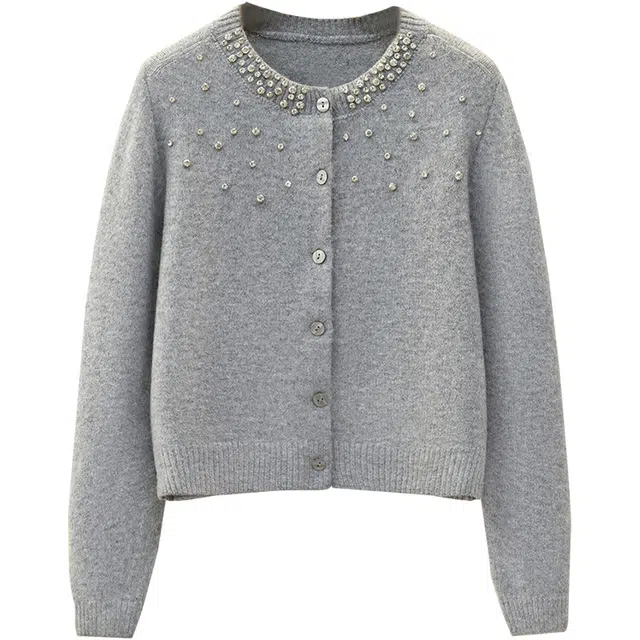 她池 圆领单排扣钉钻休闲针织衫 女款 浅灰色