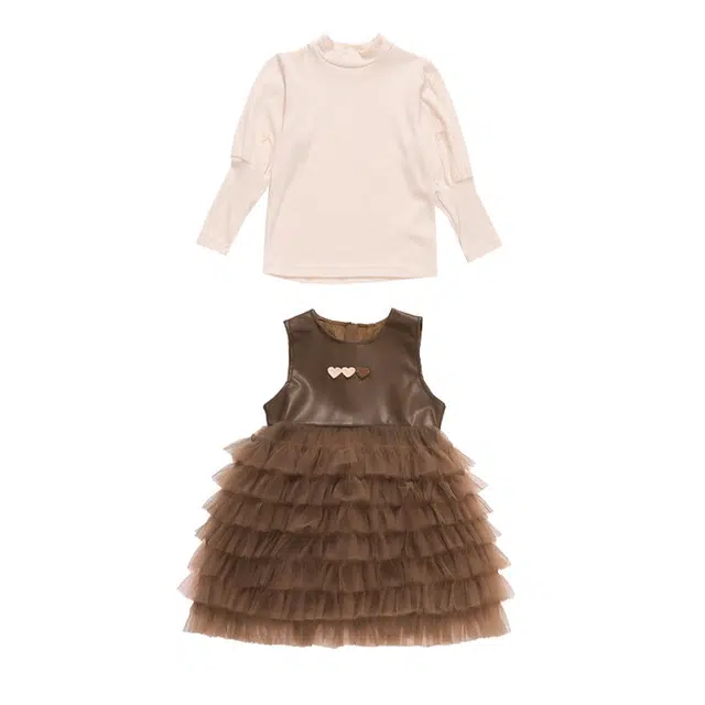 青少年 木木兔 纯色简约上衣圆领无袖连衣裙裙装套装 咖色