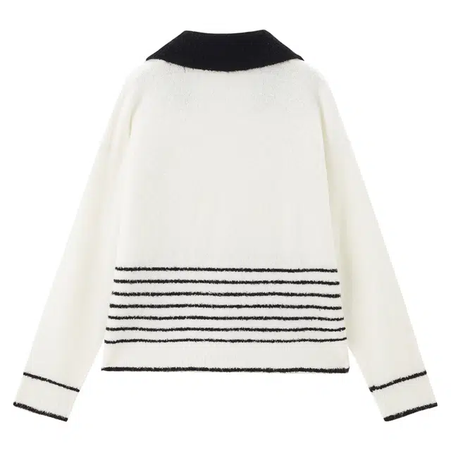 佐丹奴 条纹翻领通勤简约针织衫 女款 黑白