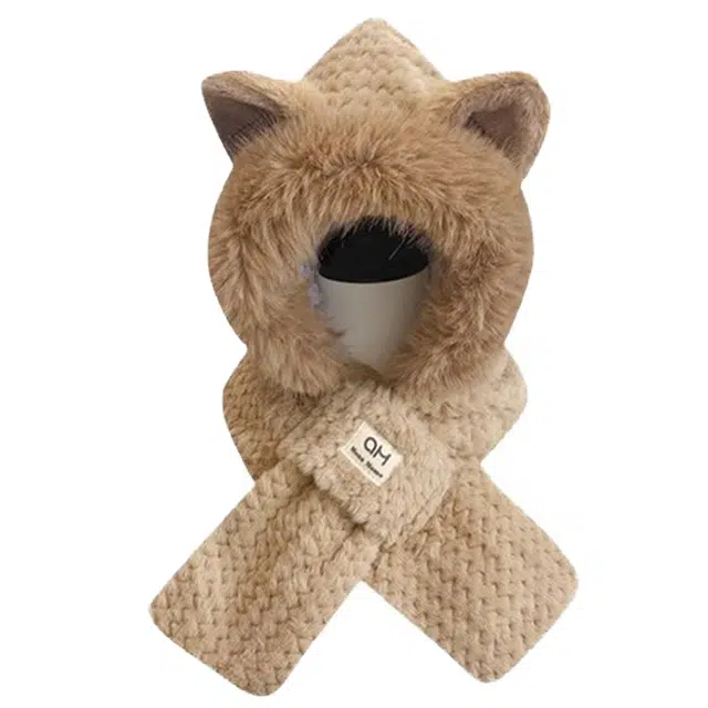 佩洛依 防风保暖狐狸耳帽子围巾一体两件套 涤纶 斗篷帽 男女同款情侣款