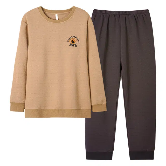 莫代尔 简约时尚慵懒风舒适轻柔亲肤长袖长裤秋冬季睡衣套装 男款 卡其色