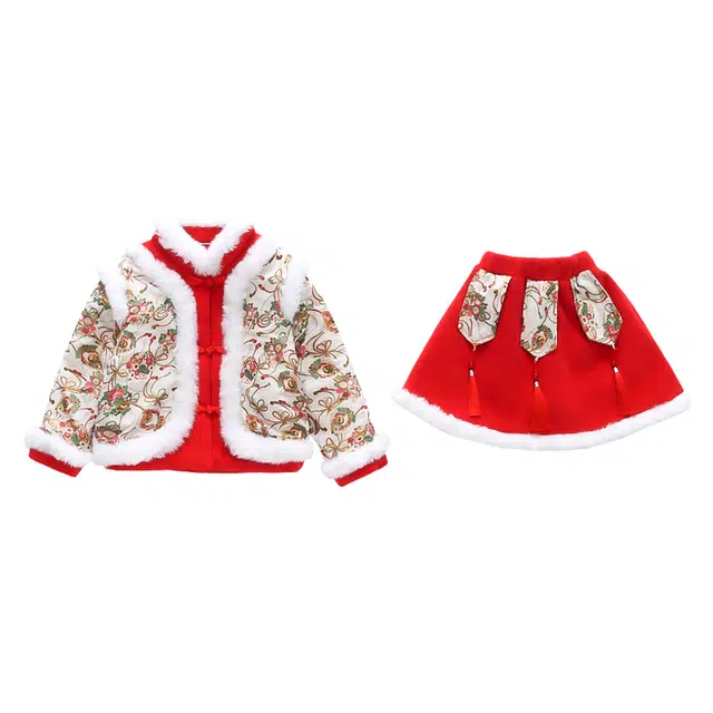 中小童 木木兔 时尚简约开衫长袖可爱短裙裙装套装 红色