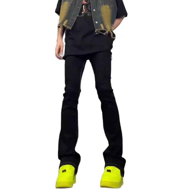 八哥 美式高街简约基础款水洗做旧废土风修身纯色直筒百搭弹力柔软不硬微喇牛仔裤 男女同款 黑色