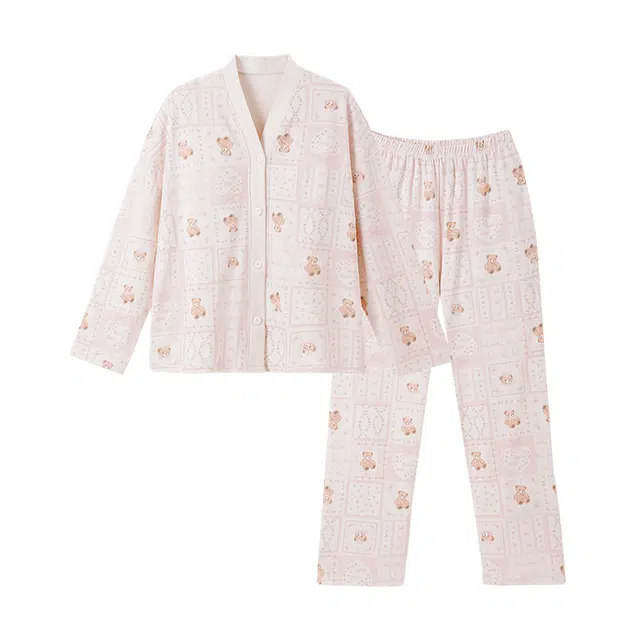 欧诗帛 柔软舒适亲肤透气带胸垫可外穿长袖长裤睡衣套装 女款 粉色