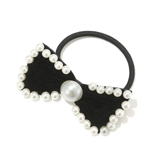 如花梦 法式赫本风珍珠丝绒蝴蝶结发绳甜美高弹力丸子头发饰日常百搭扎发 绒布 头绳 女款