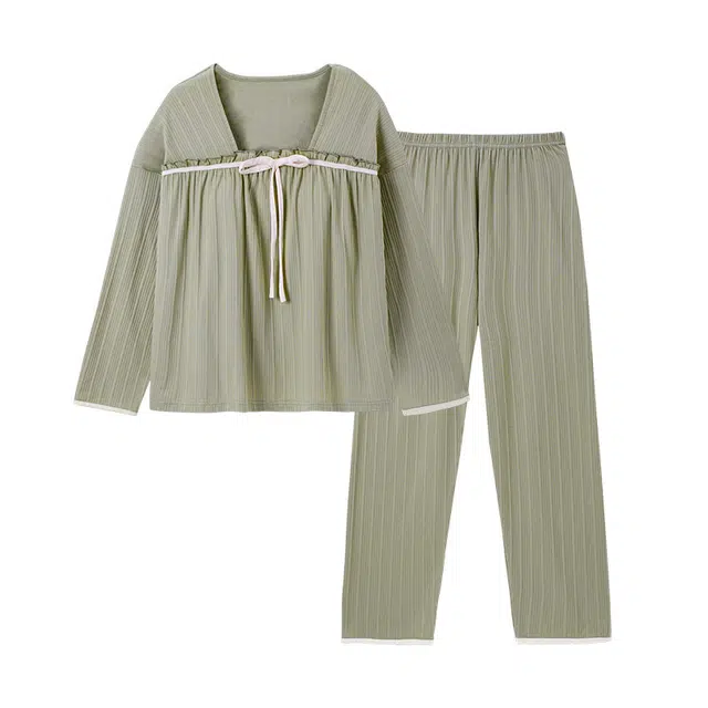 欧诗帛 简约亲肤舒适带胸垫长袖可外穿休闲长裤睡衣套装 女款 浅绿色