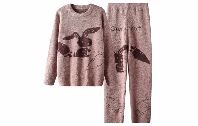 俏薇妮 简约圆领休闲柔软长袖长裤可外穿小兔子蓄温保暖睡衣套装 女款 咖色