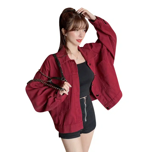 拉夏贝尔 开衫韩版翻领落肩单排扣牛仔外套 女款 酒红色