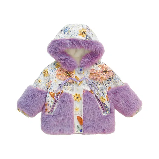 木木兔 连帽洋气花卉长袖大衣 紫色 中小童