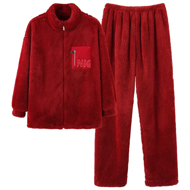 轻迎 亲肤舒适保暖长袖长裤可外穿睡衣套装 女款 红色