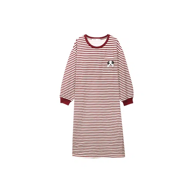 贝妍 条纹柔软中长款绣花狗狗长袖可外穿睡裙 女款 红色