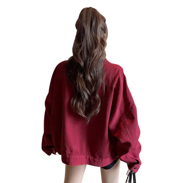 拉夏贝尔 开衫韩版翻领落肩单排扣牛仔外套 女款 酒红色