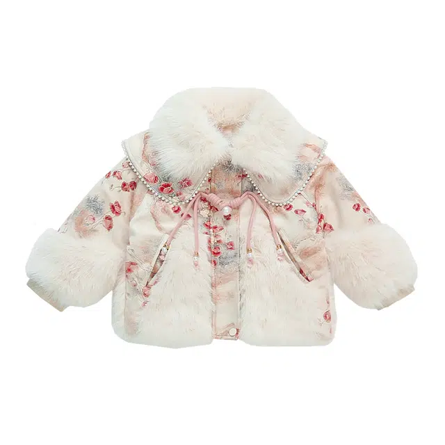 木木兔 翻领花卉长袖大衣 米色 青少年