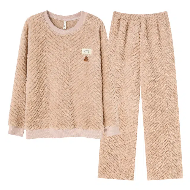 莫代尔 保暖储温透气轻柔舒适亲肤可外穿长袖长裤睡衣套装 女款 卡其色