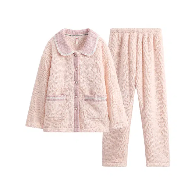 芬腾 加厚休闲大码长袖长裤秋冬睡衣套装 女款 浅粉