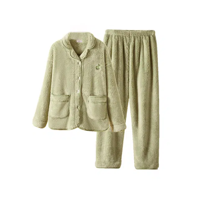 宜而爽 加厚休闲温暖长袖长裤睡衣套装 女款 果绿色