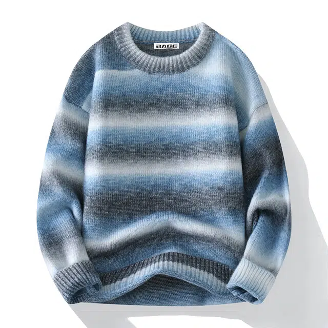 八哥 美式嘻哈街头渐变条纹百搭日常通勤宽松休闲套头圆领针织衫 男女同款 璀璨灰蓝