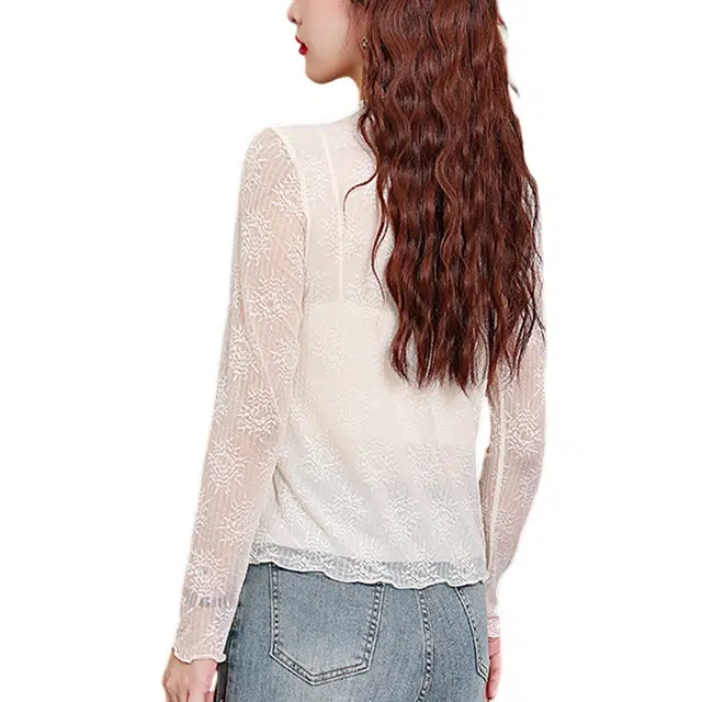 水中花 蕾丝植物花卉宽松半高领简约舒适通勤长袖衬衫 女款