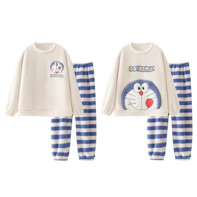 乐姿韵 简约可爱卡通舒适上衣珊瑚绒加绒保暖中腰下衣睡衣套装 女款