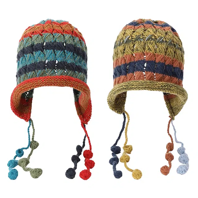 浪莎 日系流苏彩色针织帽 多巴胺百搭大头围遮脸民族风 手工针织帽 腈纶 绒线帽 女款