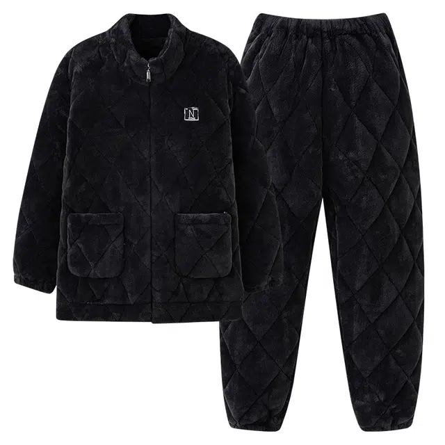 俏霓桐 时尚保暖加厚蓄温长袖长裤可外穿睡衣套装 男款 黑色