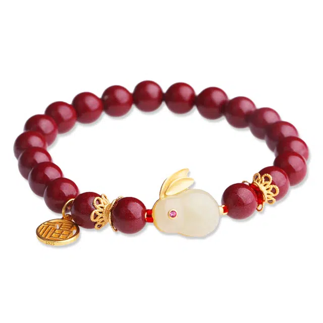妍韵珠宝 小众设计玲珑玉兔福牌 再造辰砂朱砂 手串 男女同款情侣款