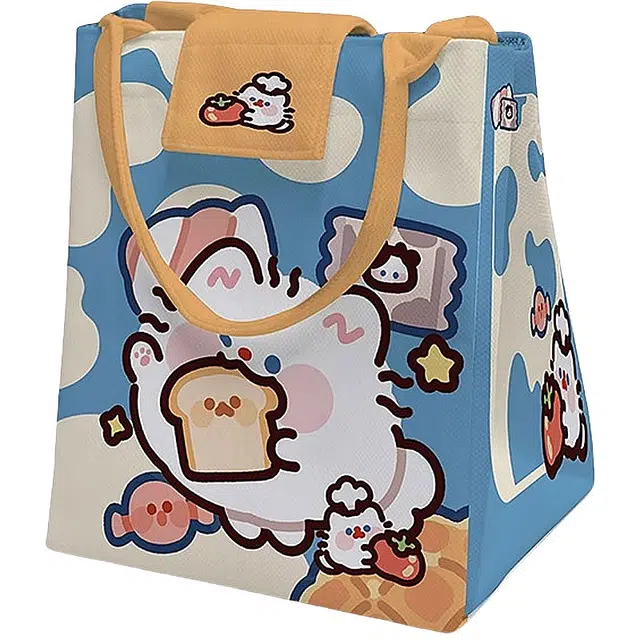 奥松 家用家居饭盒袋保温袋手包专用带饭上班族防水防油 绒面科技布 手提包 男女同款情侣款 卷卷猫