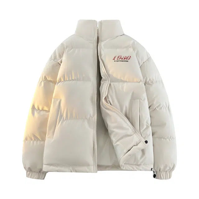 快鱼 美式复古字母斑驳做旧印花宽松面包服防风门襟休闲拉链立领保暖棉服 男女同款