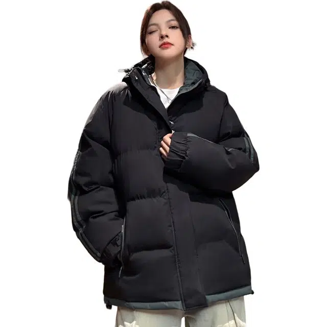 【dme】 拼接撞色假两件加厚保暖连帽羽绒服 男女同款